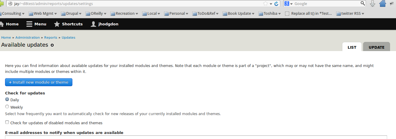 screen shot of settings page