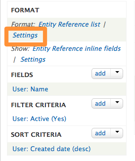 Settings link outlined on the views admin page.