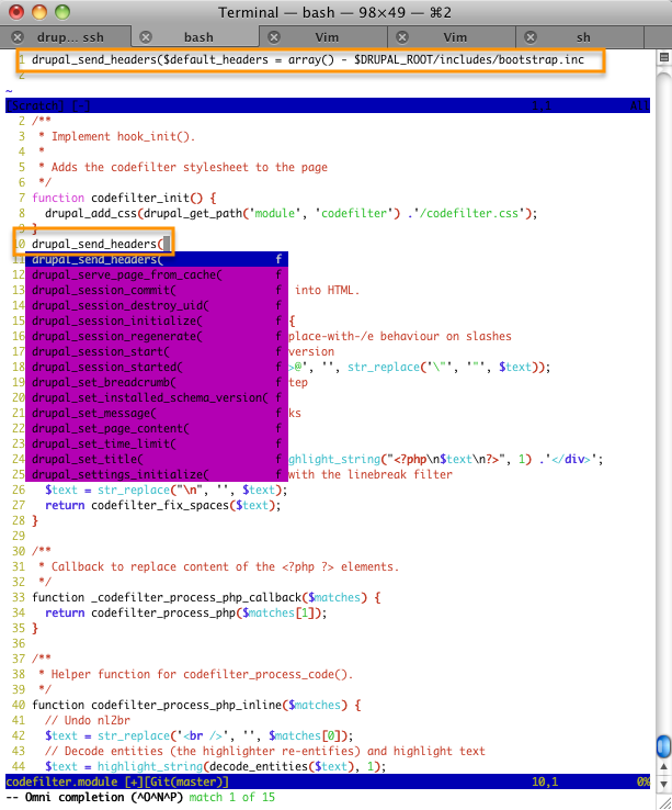screenshot showing PHP omnicompletion