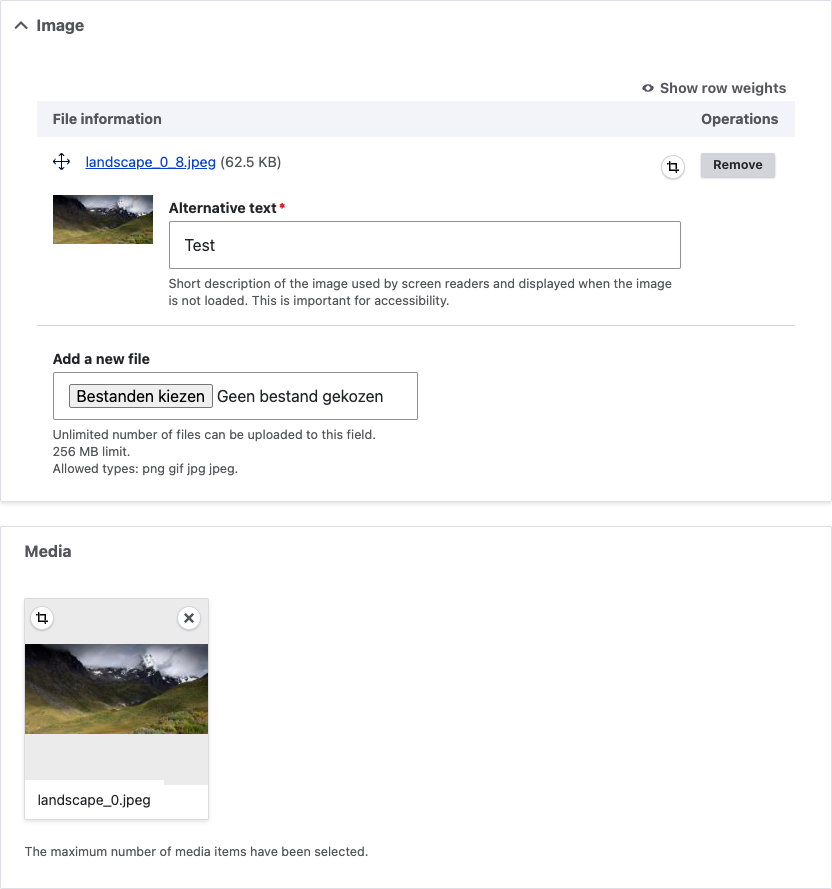Cropping enabled for image and media fields.
