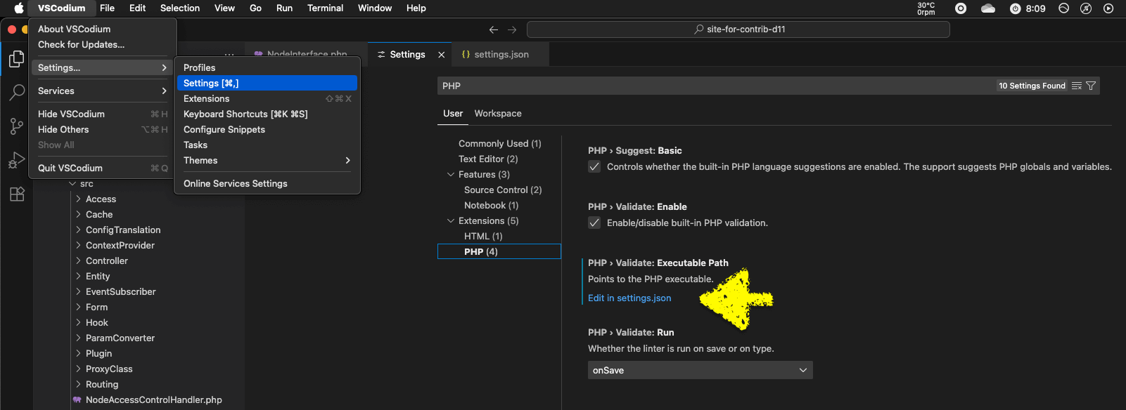 The default setting options related to PHP in VS Codium