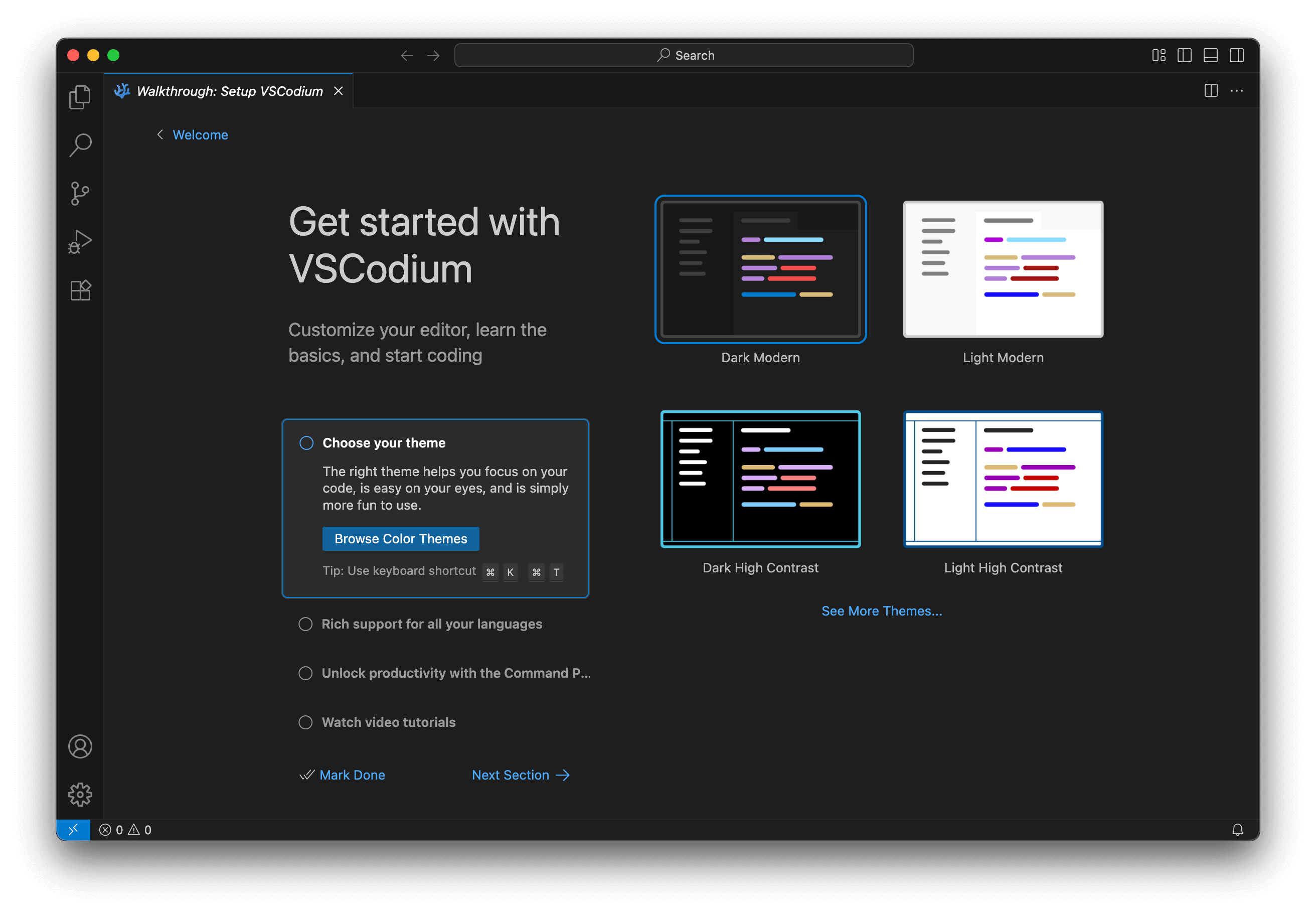 Opening screen VS Codium IDE
