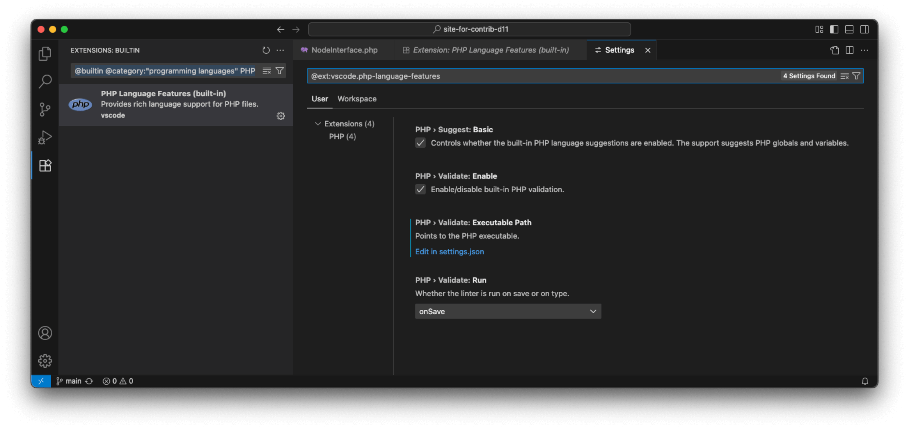 Prefiltered settings of a built-in extension in VS Codium