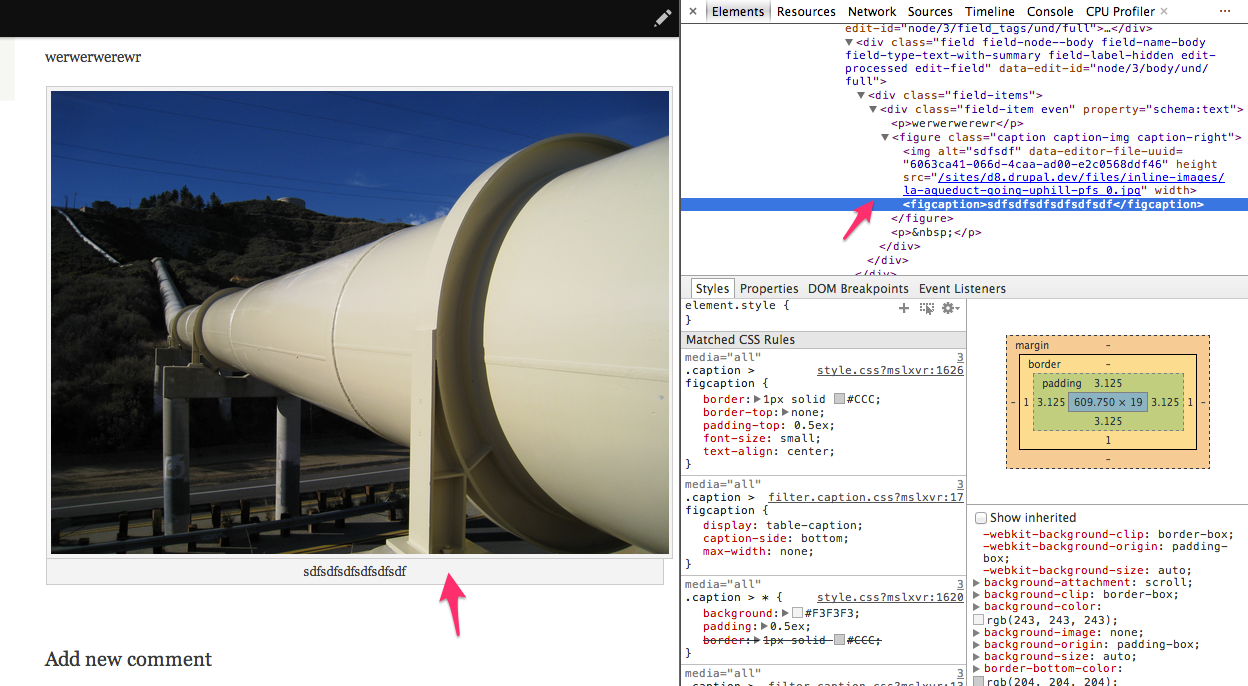 Screenshot of a node page after editing the existing node and re-adding the caption. The image caption is now present.