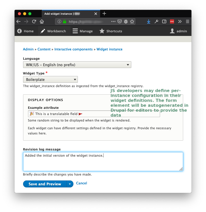 Screenshot of the widget instance form