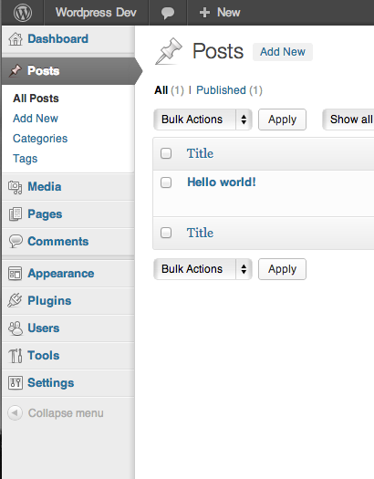Screenshot of the vertical admin menu in WordPress 3.5